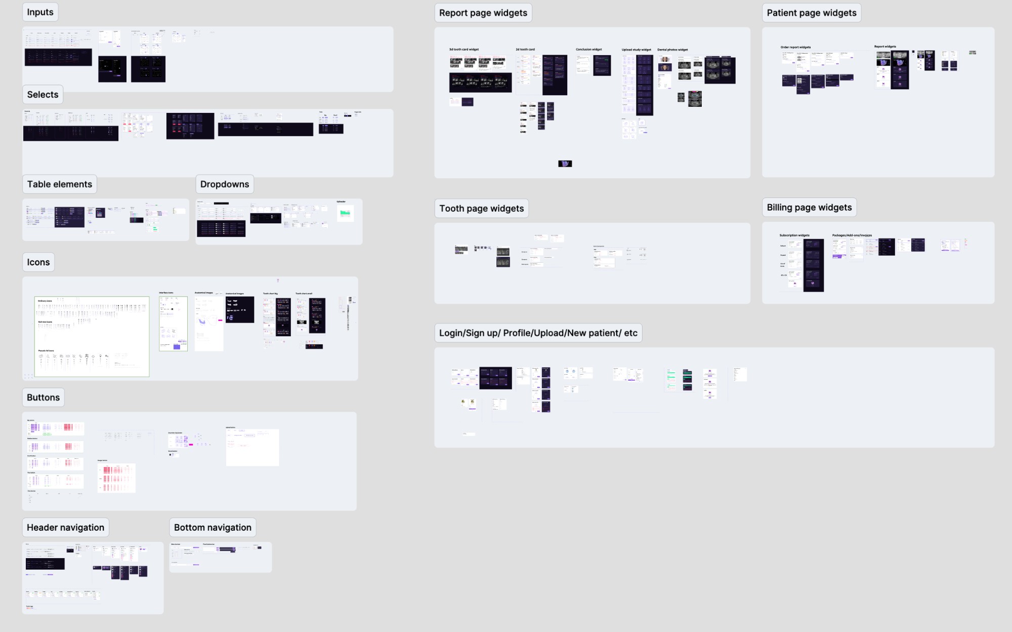 AI Dent design system — Figma component library: Inputs, Selects, Buttons, Icons, page widgets