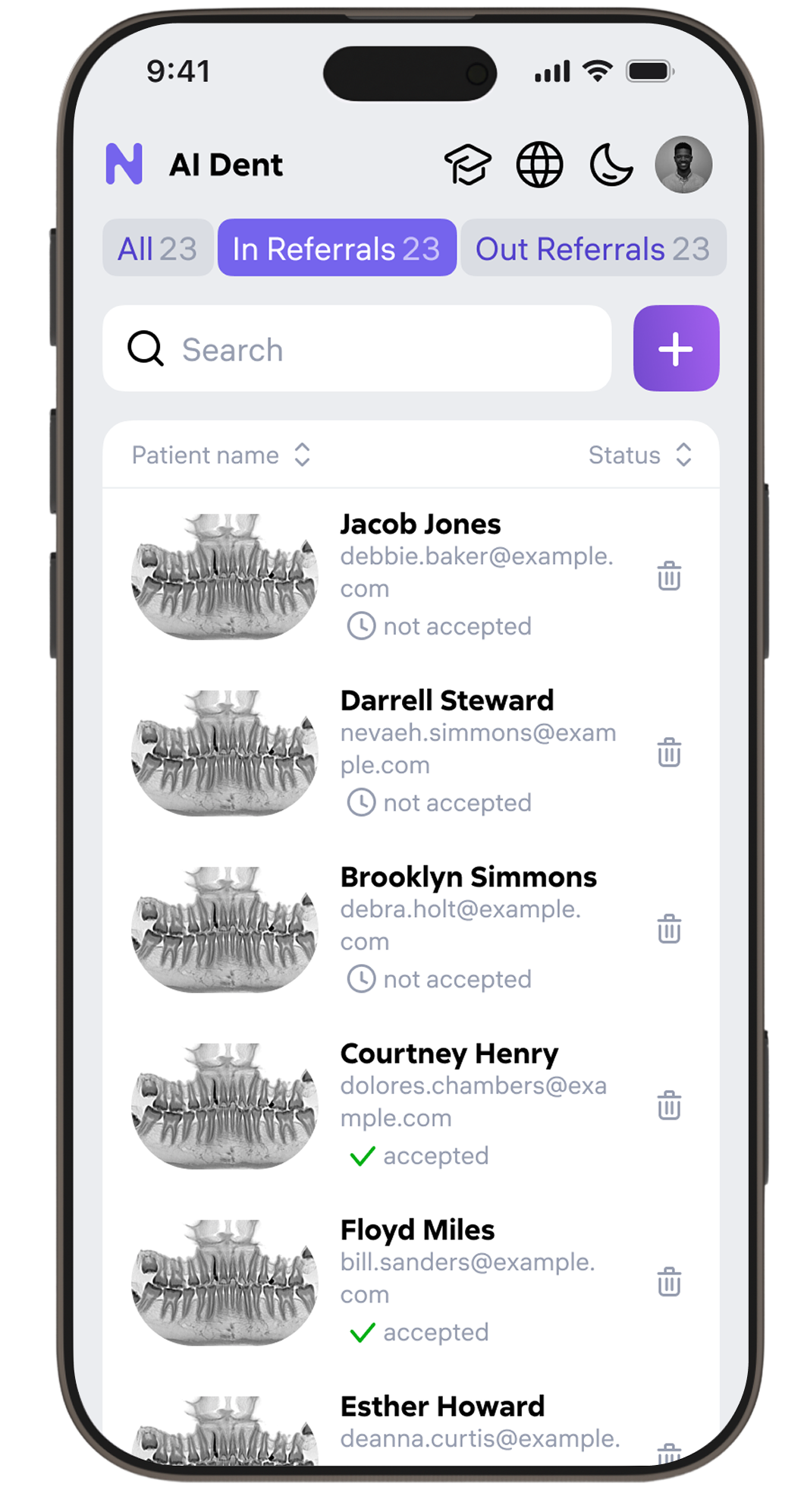 AI Dent mobile — patient card light