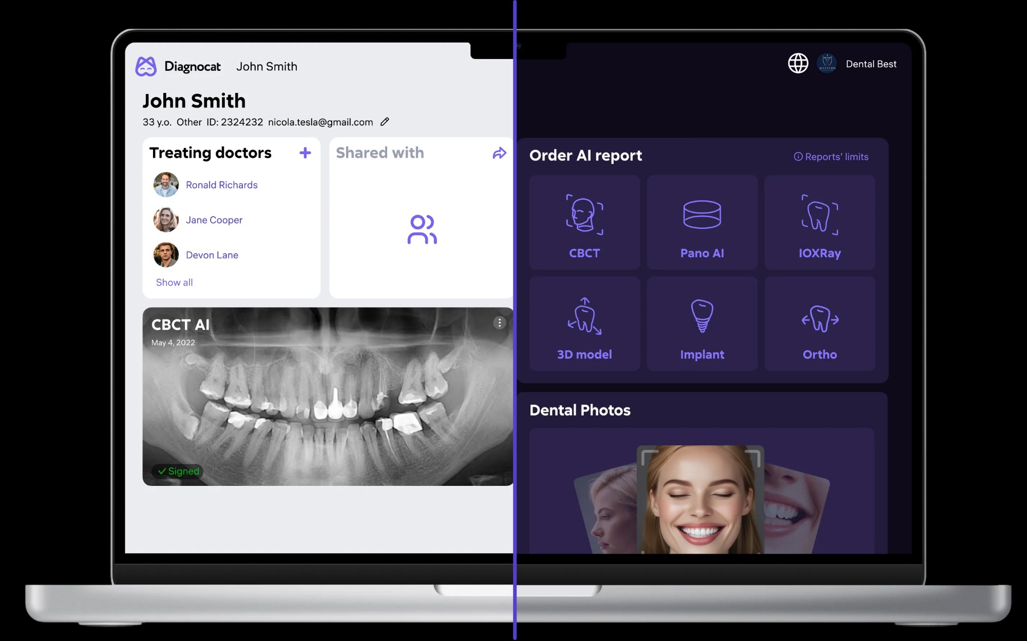 AI Dent patient card — John Smith, light theme, AI report grid, dental photos section