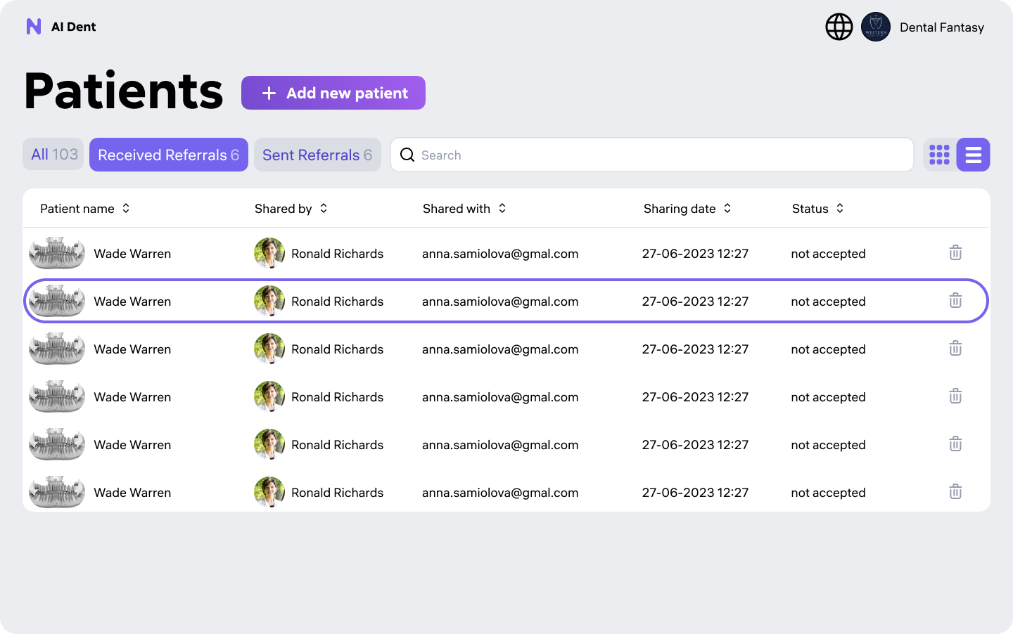 AI Dent patient list — Patients page, referrals tabs, search, grid/list toggle, light theme