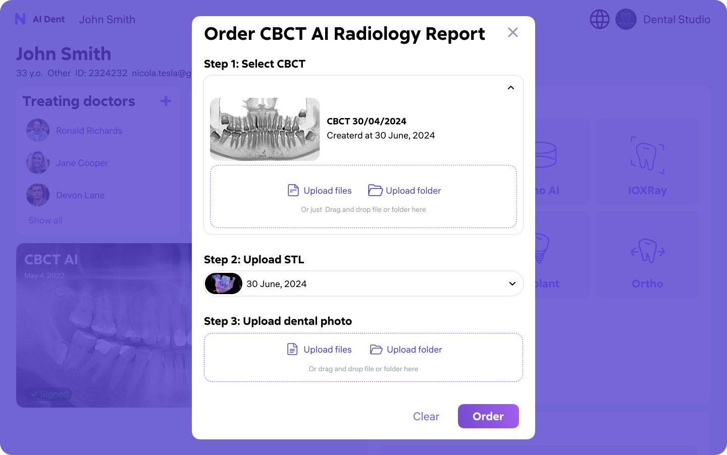 AI Dent — Order CBCT AI Radiology Report modal: Step 1 Select CBCT, Step 2 Upload STL, Step 3 Upload dental photos