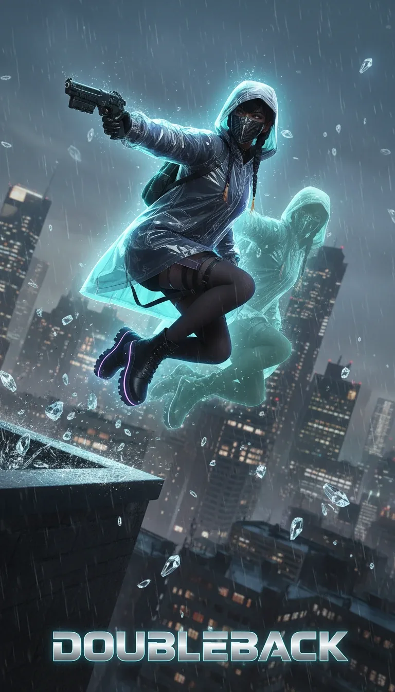 DOUBLEBACK key art: Data leaps off a rooftop, her 4-second echo trailing behind