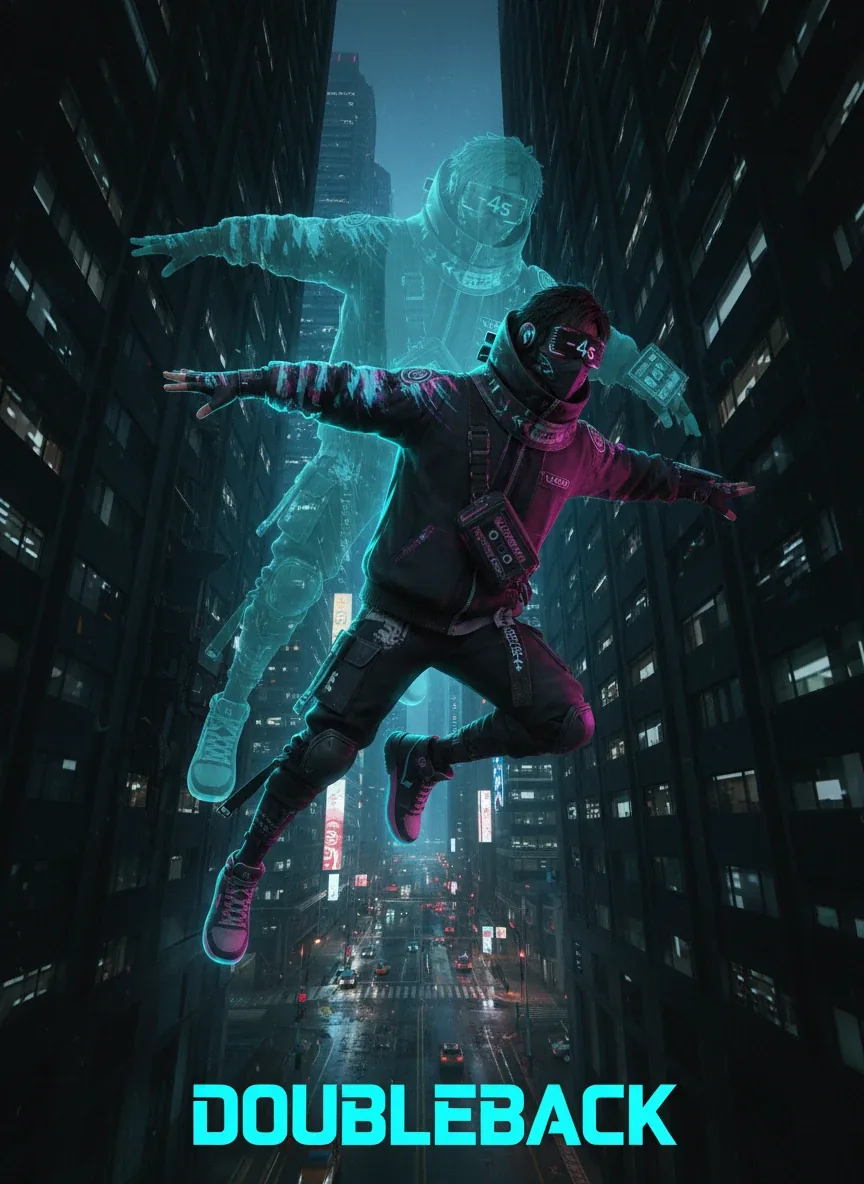 Key art: Glitch mid-air with a cyan echo of himself