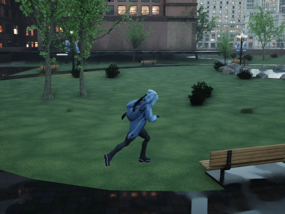In-game: the park with lawns, benches and a pond