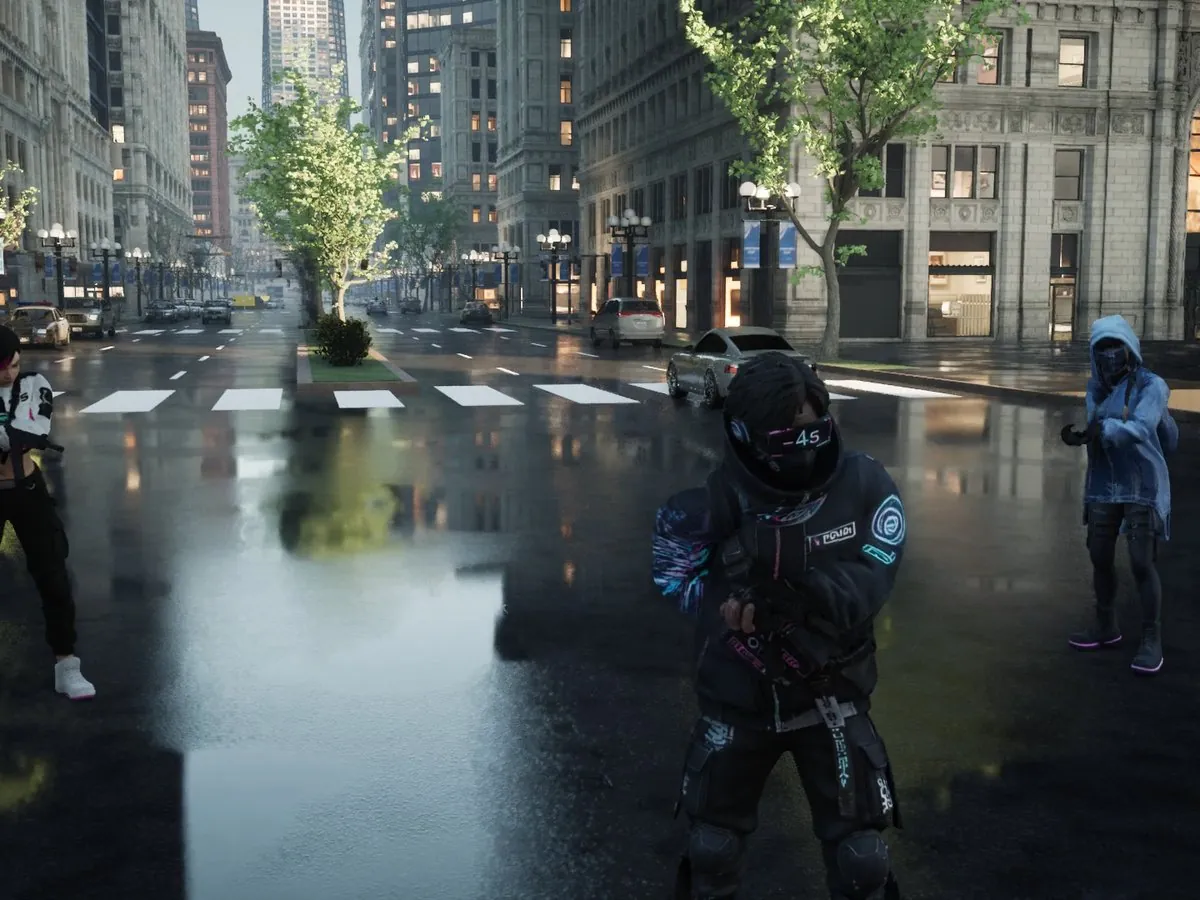 In-game: the three heroes on a crosswalk of the wet avenue