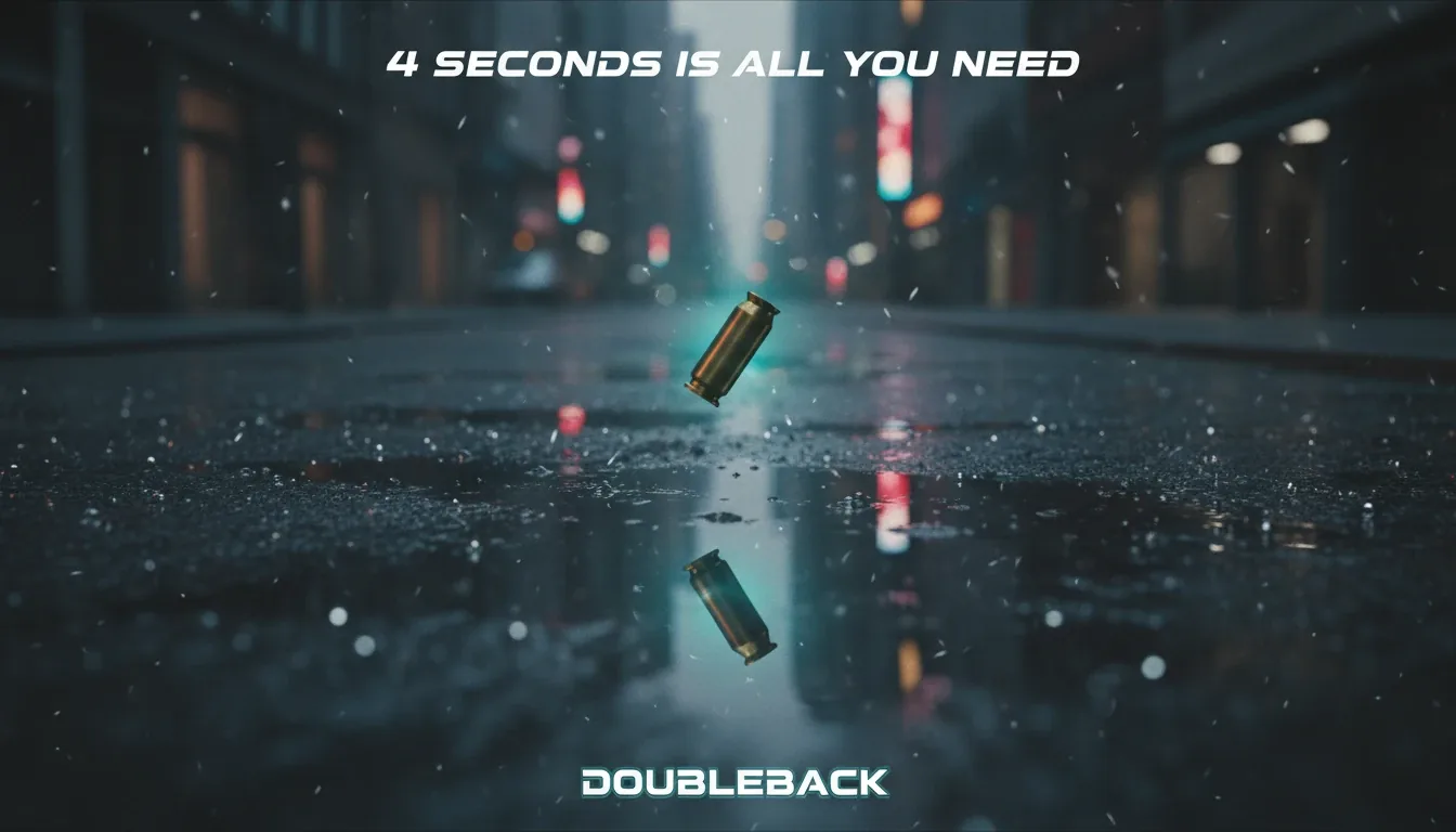 Teaser frame: a shell casing falls into a puddle — 4 seconds is all you need