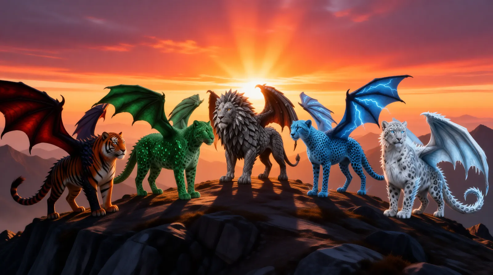 Five Dracats standing on a mountain summit at sunrise