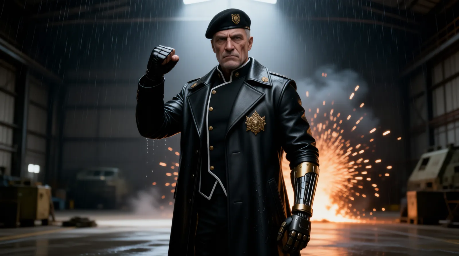 General Weyland raising his mechanical fist