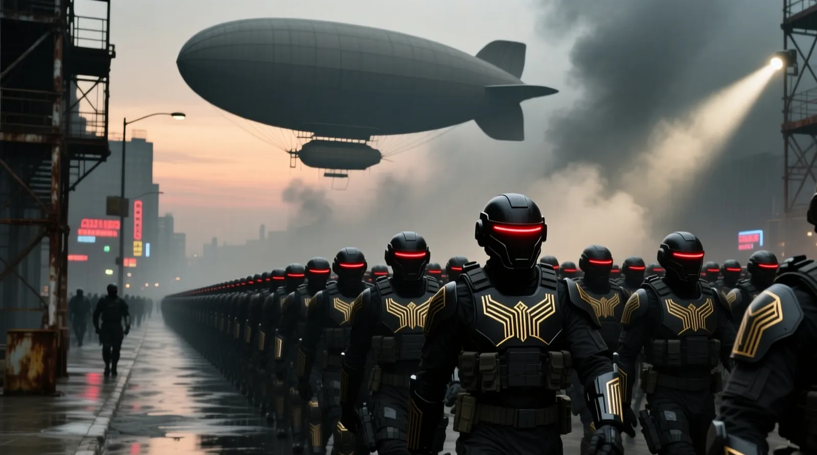 Inquisition troops marching under an airship