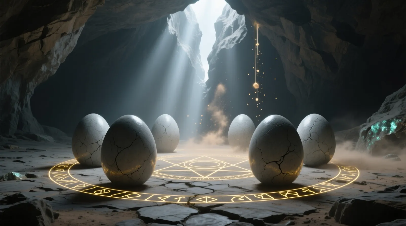 Eggs in a cave lit by magic runes
