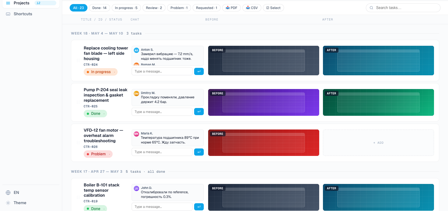 EngiBoard main board view — engineering task tracker with eight colour-coded statuses, built with Tauri 2