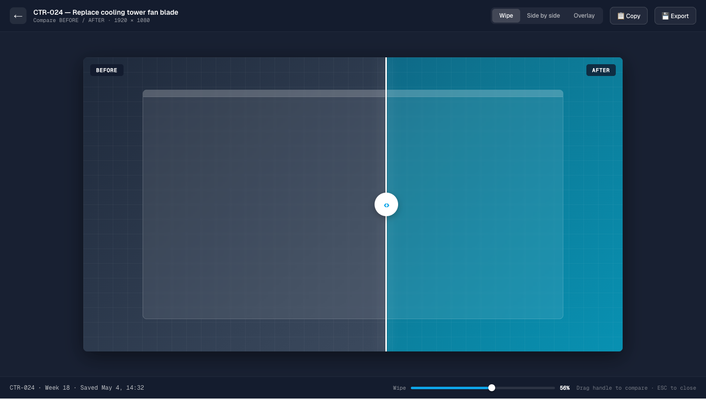 EngiBoard before/after screenshot comparison with a single drag handle — design QA feature