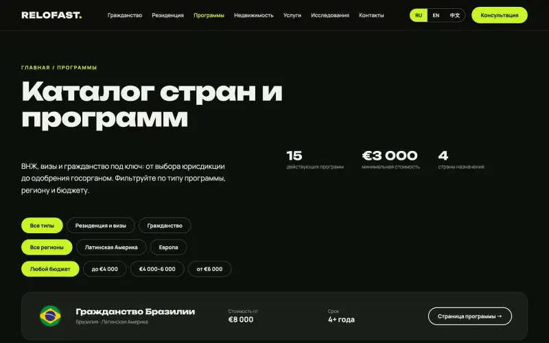 Programme catalogue with filters by type, region and budget