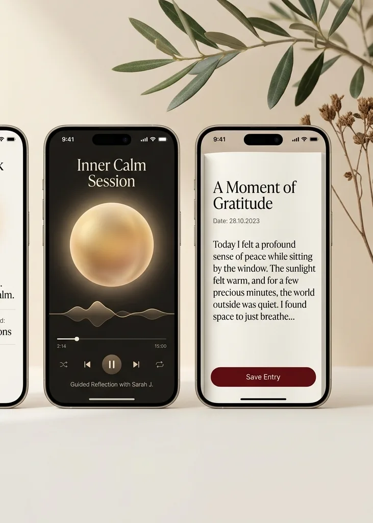 Экраны Solia: сессия Inner Calm и запись в дневнике A Moment of Gratitude