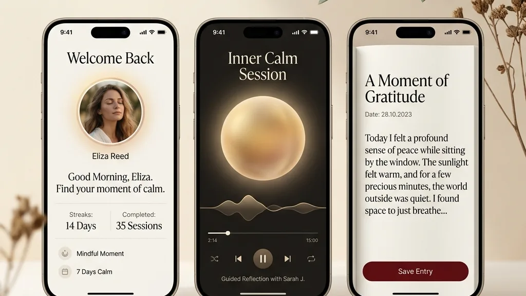 Три экрана Solia на телефонах: Welcome Back, сессия Inner Calm, A Moment of Gratitude