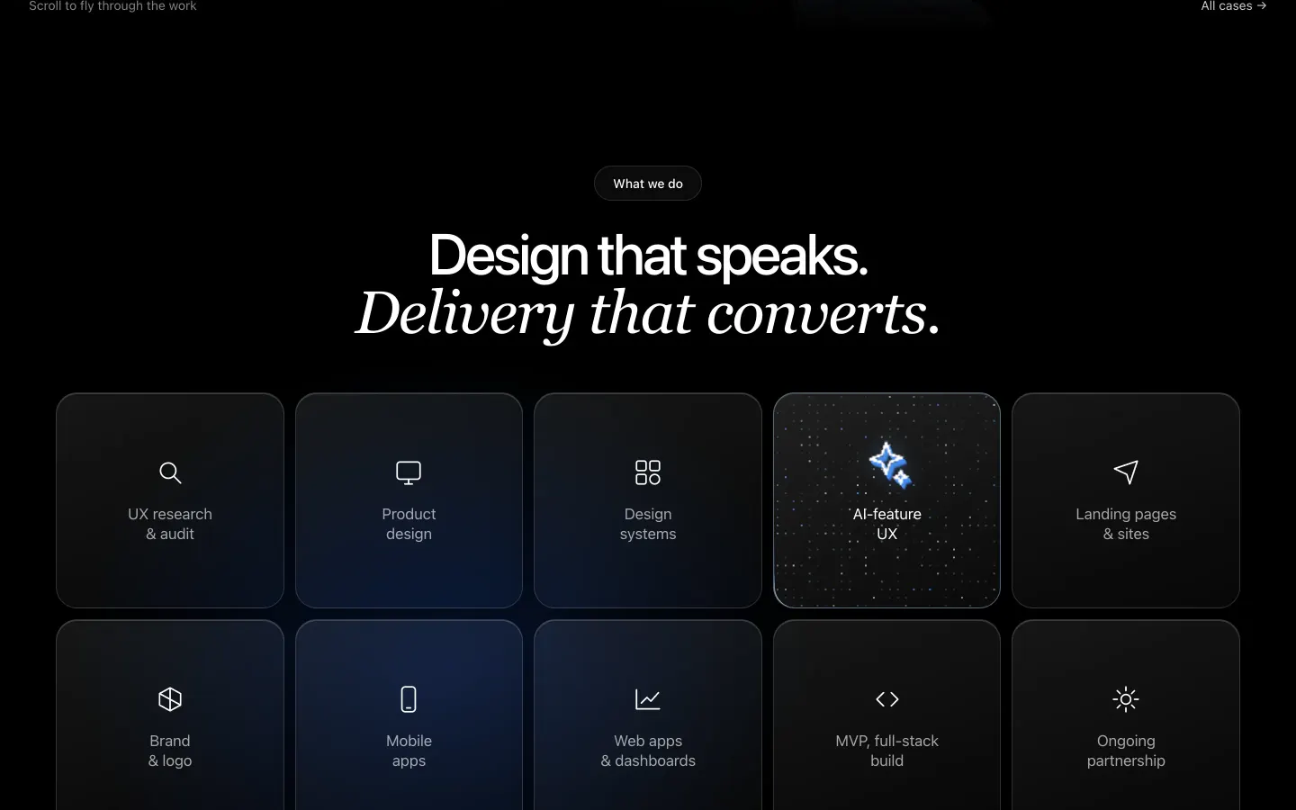 Service tiles with a twinkling pixel grid on hover