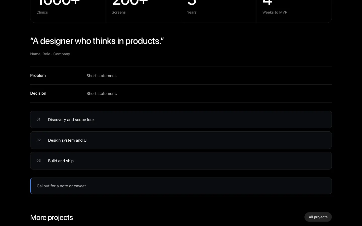 UI kit: stats, quote, rows, steps