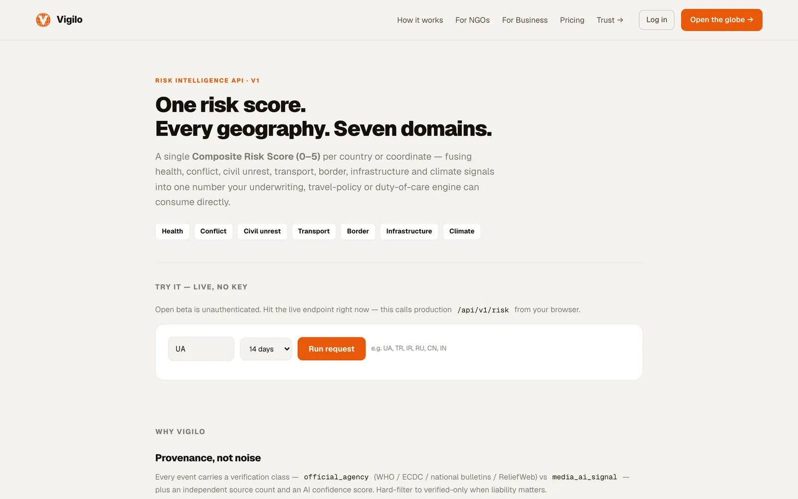 API docs: one risk score, every geography, seven domains