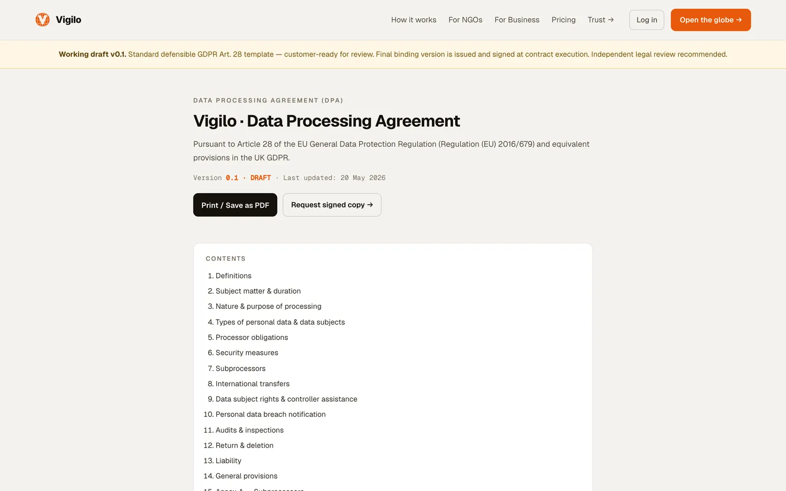 Data Processing Agreement draft, printable