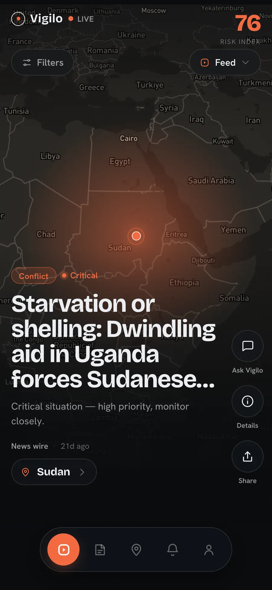 Mobile feed: one critical signal over the map