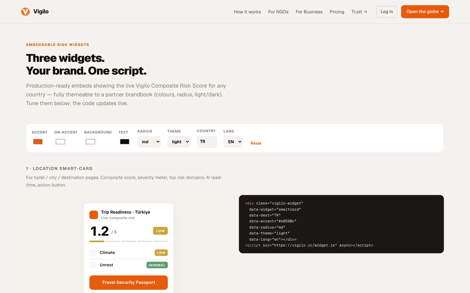 Widget builder: accent, radius, theme, country, with live code